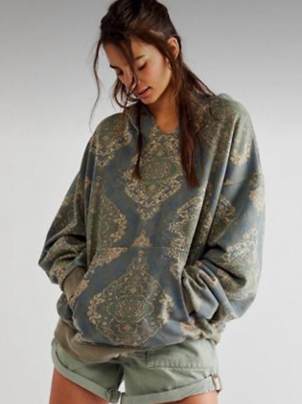Free People It’s a Vibe Printed Oversized Hoodie Pullover Green M